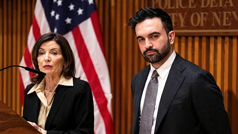 Kathy Hochul and Zohran Mamdani hold a press conference at in New York City on 6 January 2026.