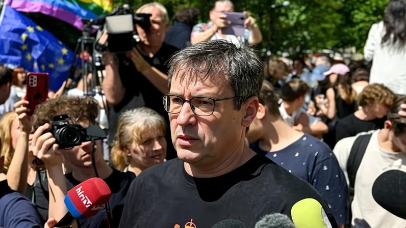 Karácsony speaking to the media in August. After the prosecutors’ decision, he vowed to continue to ‘stand up for freedom’. Photograph: Tamas Purger/AP