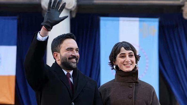Zohran Mamdani and his wife, Rama Duwaji, during his inauguration ceremony.