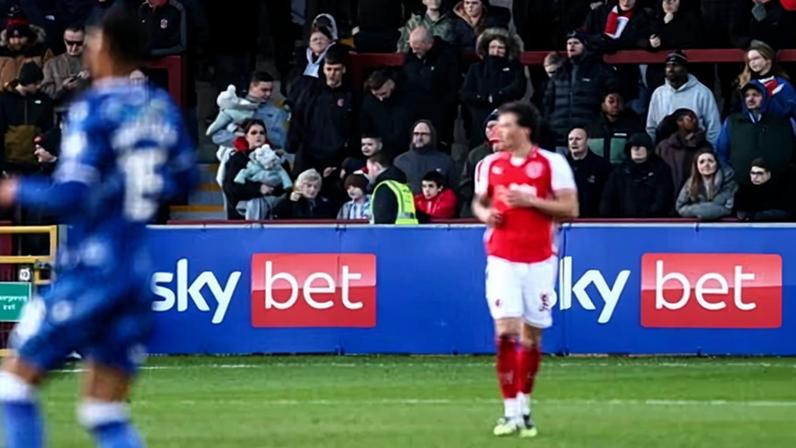 Adverts at Highbury Stadium in Fleetwood, Lancashire, last month.