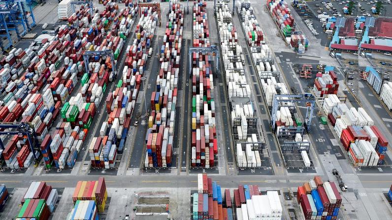 An aerial view shows containers at the Balboa Port, operated by Panama Ports Company, at the Panama Canal, in Panama City, Panama, February 1, 2025. REUTERS/Enea Lebrun