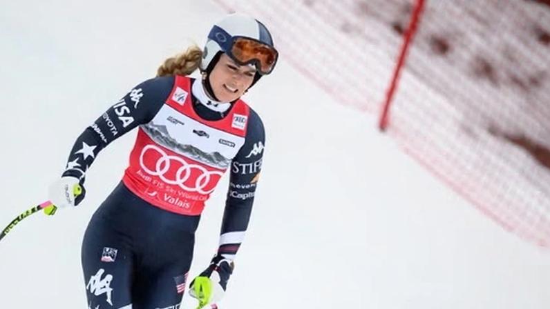 Lindsey Vonn reacts after crashing in the women's downhill race on Friday at Crans-Montana, Switzerland.