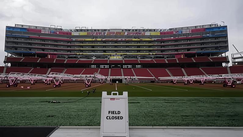 Signs for Super Bowl LX at Levi's Stadium in Santa Clara, California, on 20 January 2026.