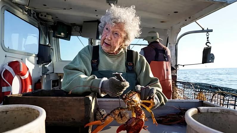 Virginia Oliver working as a sternman, measuring and banding lobsters on the boat of her son, Max Oliver on 31 August 2021, off Rockland, Maine.