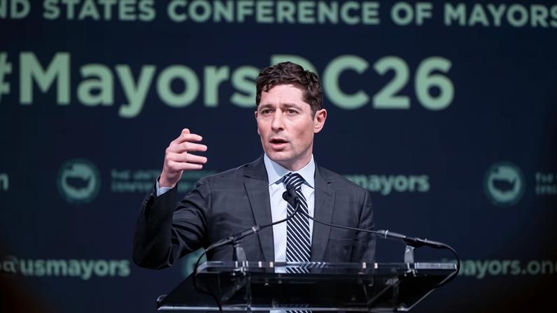 Jacob Frey, the Minneapolis mayor, speaks during the 94th winter meeting of the US conference of mayors.