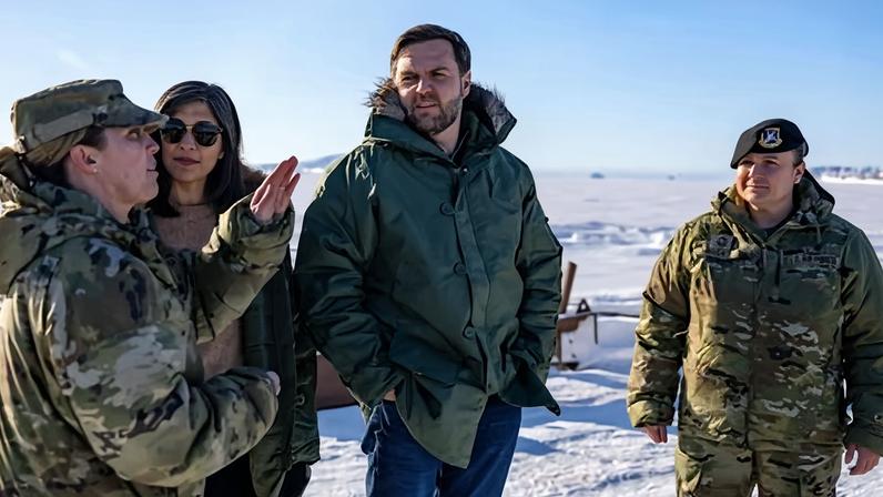 The US vice-president, JD Vance (centre), and his wife, Usha, tour the US military’s base at Pituffik in Greenland in March last year.