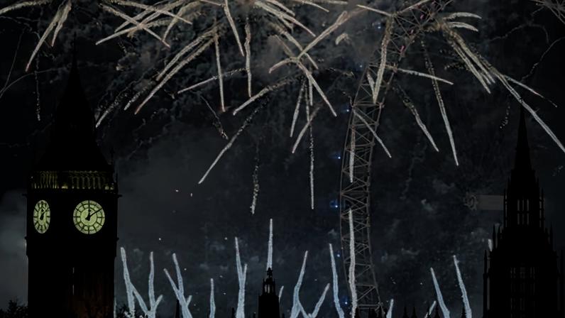 New Year's Day fireworks in London. I stayed in with a plate of smoked salmon, some champagne and all my books.