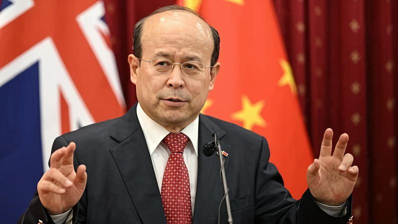 China’s ambassador Xiao Qian speaks to the media at the Chinese embassy in Canberra.