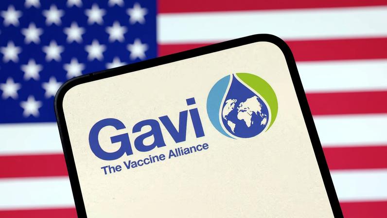 The Vaccine Alliance (GAVI) logo and U.S. flag are seen in this illustration taken April 23, 2025.