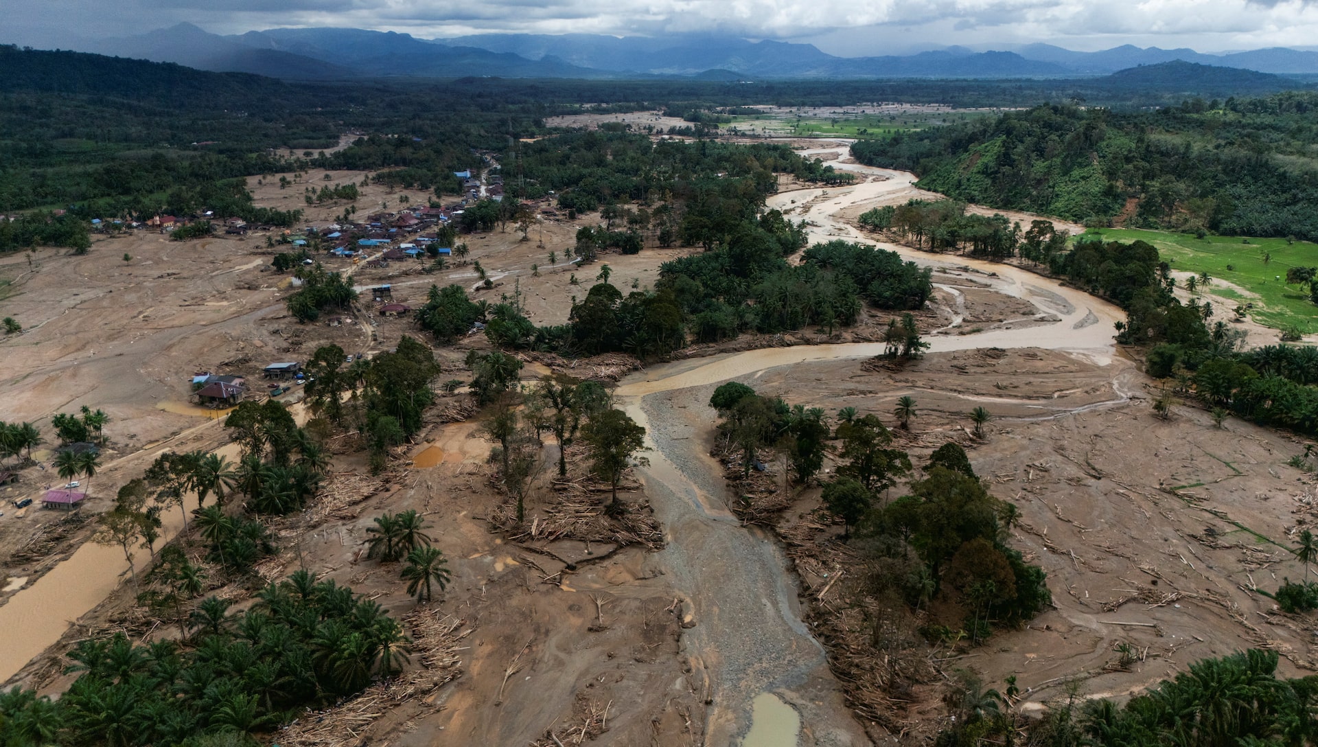A drone view shows devastated area following deadly flash flood in Batang Toru, North Tapanuli, North Sumatra province