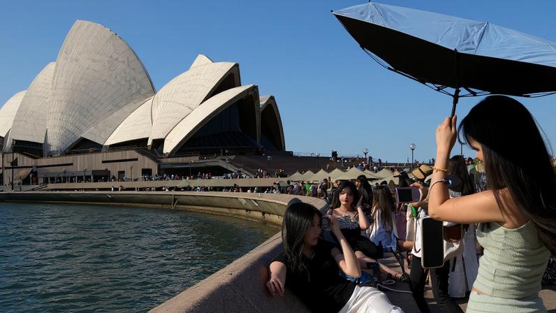 People take pictures near the Opera House