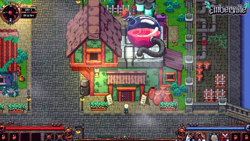 Pixel art shows a top-down village.