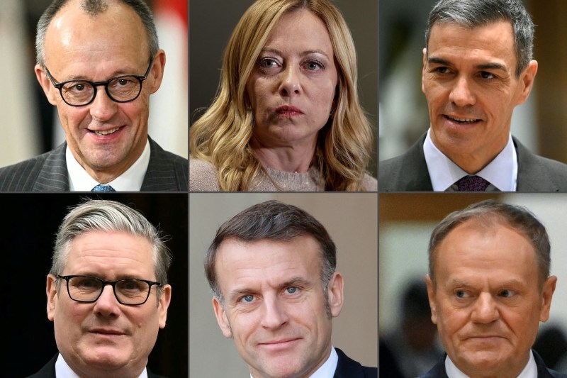 Germany's Chancellor Friedrich Merz, Italy’s Prime Minister Giorgia Meloni, Spain's Prime Minister Pedro Sanchez, Poland's Prime Minister Donald Tusk, France's President Emmanuel Macron, and Britain's Prime Minister Keir Starmer.