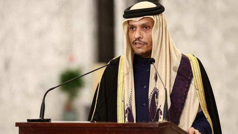 Qatari Prime Minister and Foreign Minister Sheikh Mohammed bin Abdulrahman Al Thani speaks after a meeting with the Lebanese president at the presidential palace in Baabda, Lebanon February 4, 2025. REUTERS/Emilie Madi