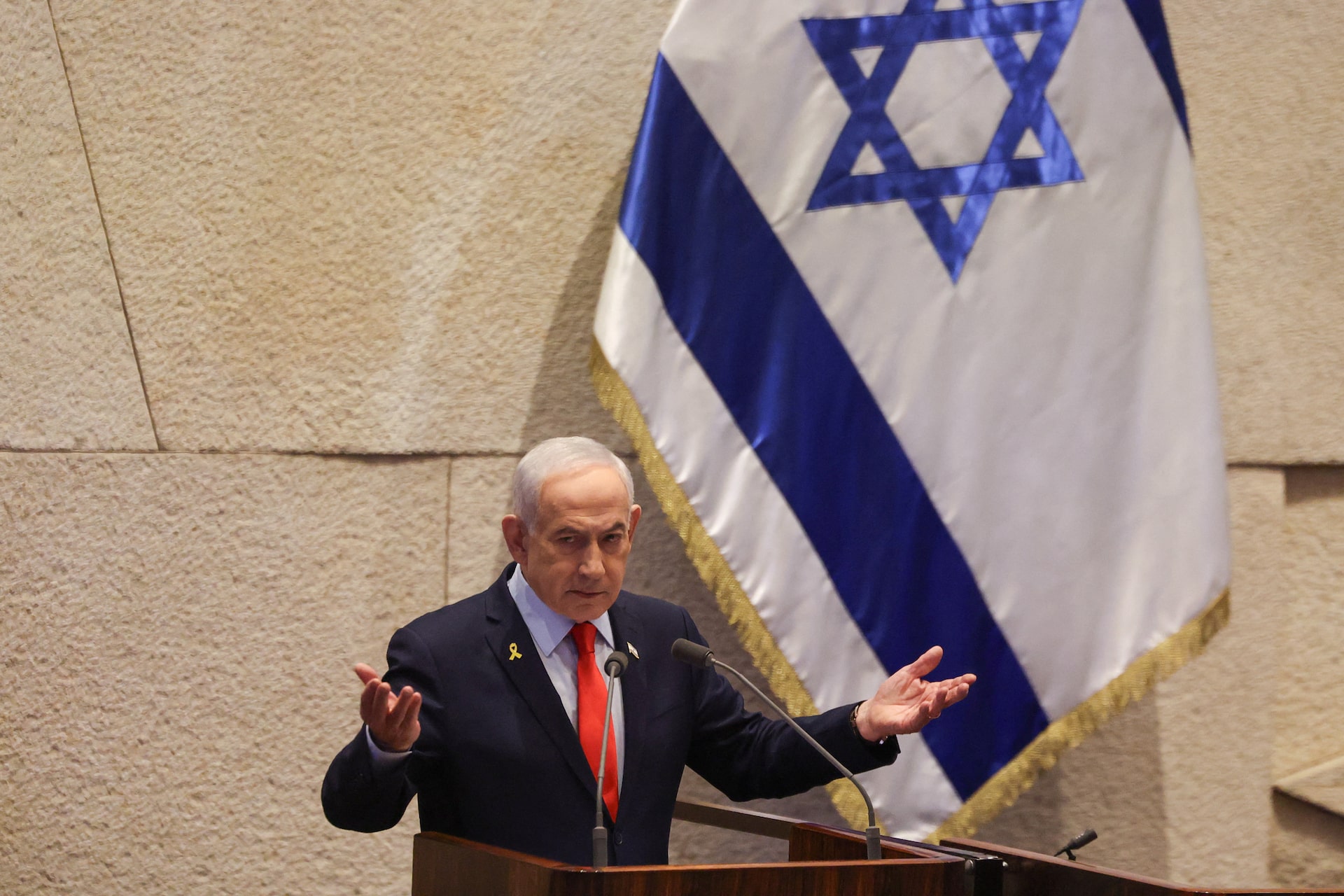 Israeli Prime Minister Benjamin Netanyahu speaks as he attends a session at the plenum of the Knesset, Israel’s parliament, in Jerusalem, January 5, 2026. REUTERS/Ronen Zvulun