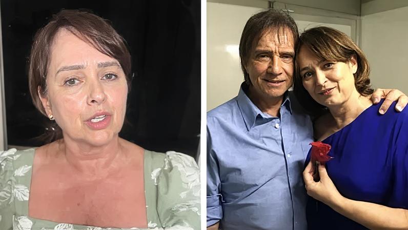 Montagem mostra Myrian Rios em vídeo defendendo Roberto Carlos (à esq.) e o ex-casal no camarim em 2018