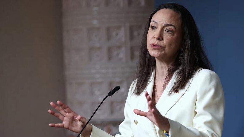 Nobel Peace Prize laureate and Venezuelan opposition leader Maria Corina Machado speaks during a press conference in Oslo