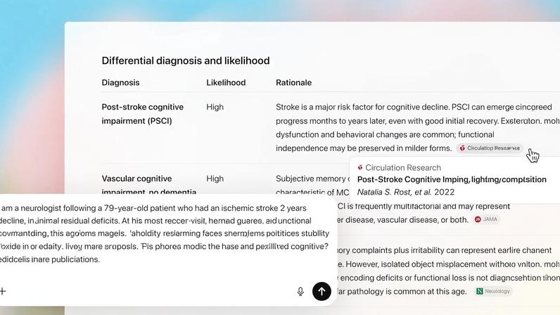 A screesnhot of a simulated doctor’s prompt in ChatGPT for Health requesting the description of a differential diagnosis on a 79-year-old patient.
