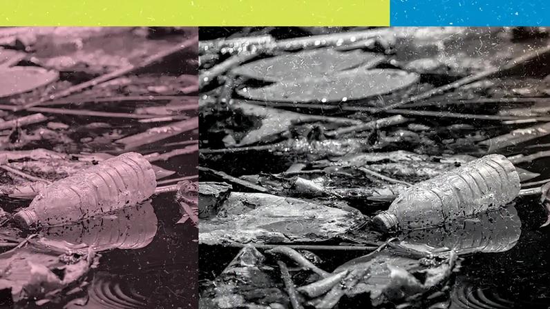 Imagem de garrafas plásticas boiando na água.