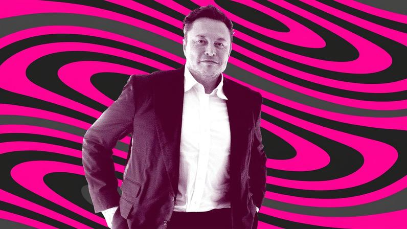 A magenta-hued photograph of Elon Musk against a wavy illustrated background.