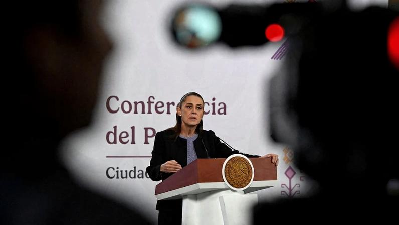 Mexican President Claudia Sheinbaum speaks during her daily press conference at the National Palace in Mexico City.