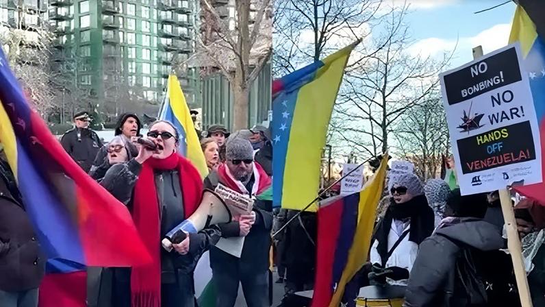 Manifestantes realizam ato em frente à embaixada americana contra operação militar
