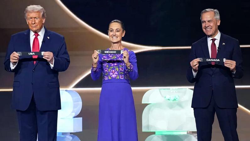 U.S. President Donald Trump, Mexican President Claudia Sheinbaum, and Canadian Prime Minister Mark Carney participate in the FIFA World Cup 2026 Final Draw at the John F. Kennedy Center for the Performing Arts in Washington.