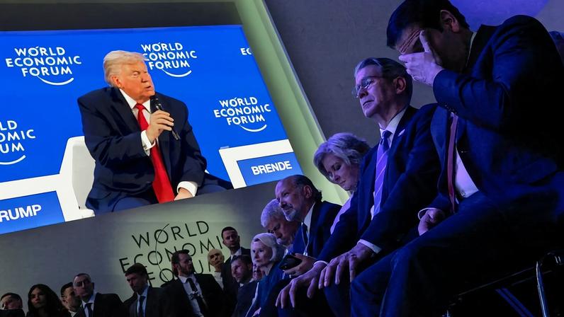 Members of U.S. President Donald Trump's administration, including Treasury Secretary Scott Bessent, listen to Trump's address at the World Economic Forum in Davos, Switzerland, on Jan. 21.