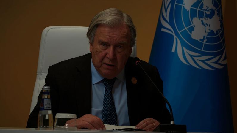 United Nations Secretary-General Antonio Guterres speaks on the day of the Second World Summit for Social Development, focusing on advancing social development and reaffirming commitments to the Copenhagen Declaration, in Doha, Qatar, November 4, 2025. REUTERS/Ibraheem Abu Mustafa