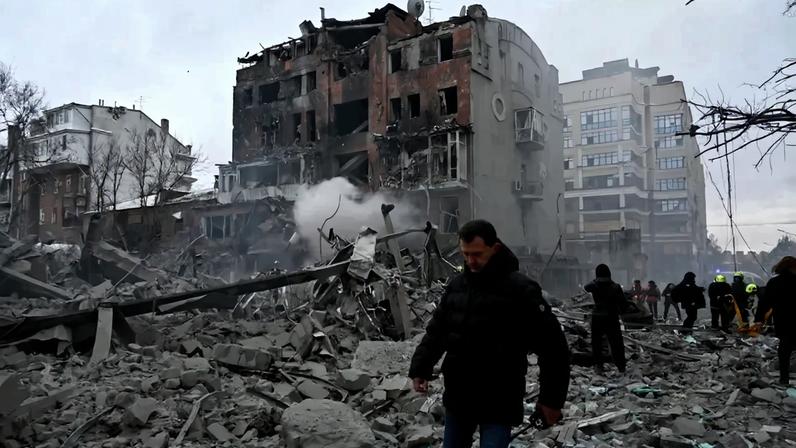 Local residents stand next to damaged residential buildings following a Russian air strike in Kharkiv, Ukraine, on Jan. 2.