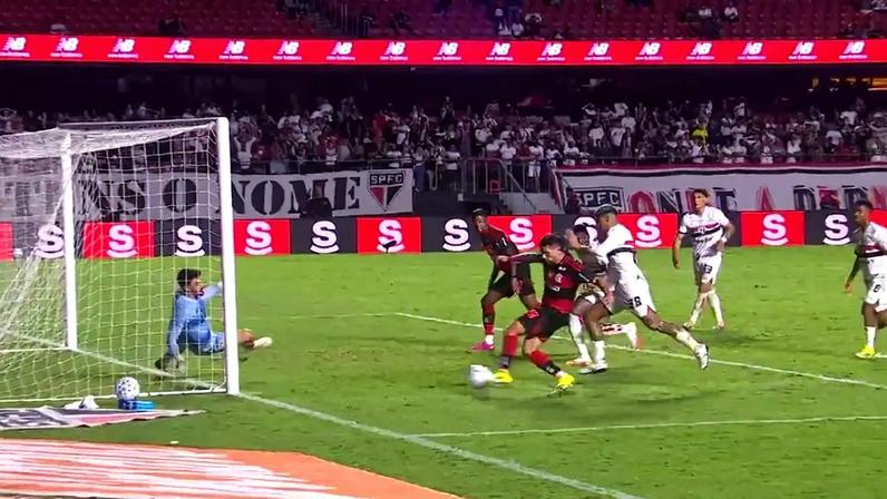 Disputa entre Alan Franco, do São Paulo, e Arrascaeta, do Flamengo, analisada pelo VAR (Foto: Reprodução/CBF)
