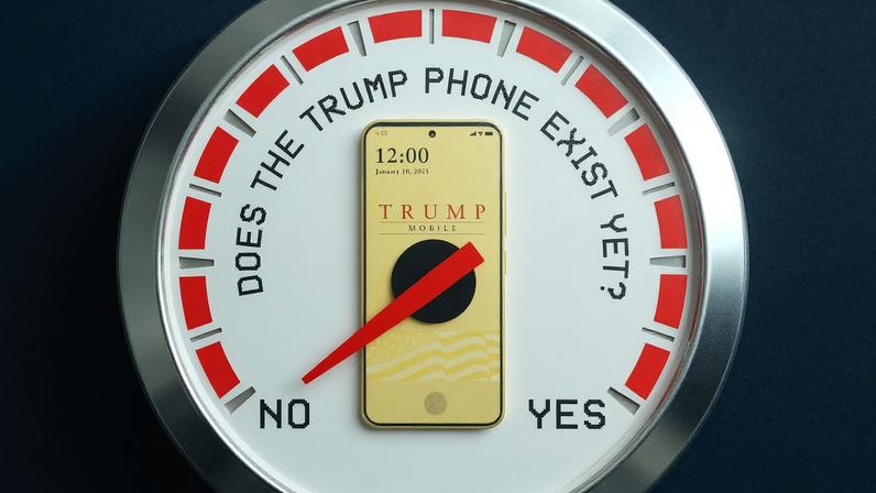Speedometer-style dial to measure whether the Trump Phone exists or not, pointing to ‘no’.