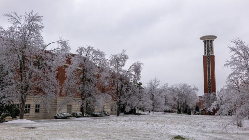 Ice causes trees to sag near the Allen Bell Tower on Lipscomb University's campus.