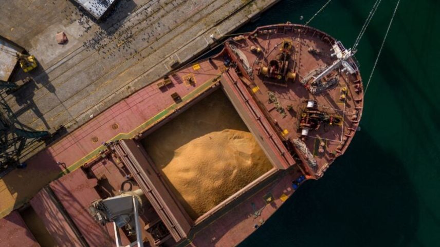 Carregamento de soja em navio graneleiro em área portuária