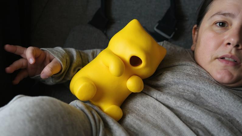 An internal fan sucks in air from the the bottom of Baby FuFu and blows it out its mouth.