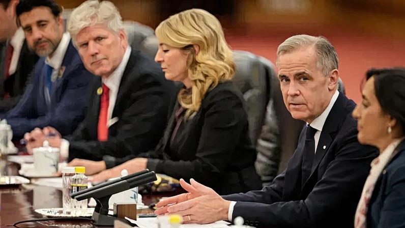 Canadian Prime Minister Mark Carney speaks during a meeting with Chinese President Xi Jinping, at the Great Hall of the People in Beijing, China, on Jan. 16.