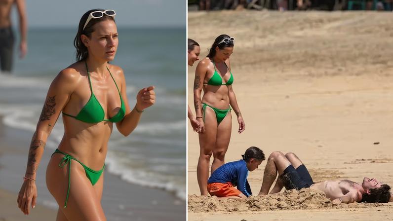 Carol Dantas, mãe de primogênito de Neymar, curte praia com marido e caçula — Foto: Dilson Silva/AgNews