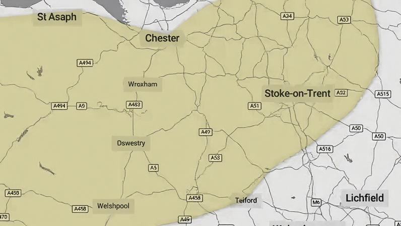 Map showing the extent of the Met Office warning. The yellow alert area runs from North Wales east as far as Stoke-on-Trent. The northern edge includes Chester and runs as far south a Telford
