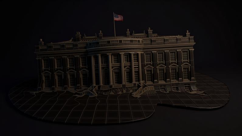 An illustration shows a techy cyber rending of the white house dissolving into a puddle.