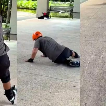 Duda Nagle leva tombo ao patinar com Zoe na Marquise do Ibirapuera