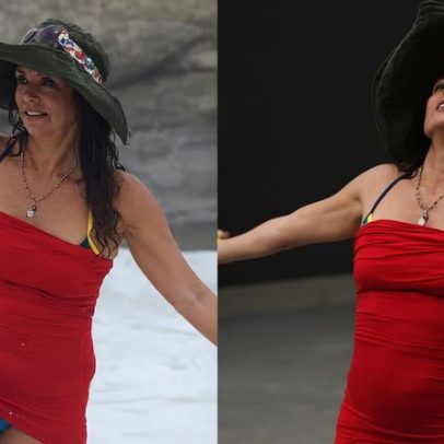 Atriz de Pantanal curte praia no Rio de Janeiro em dia nublado