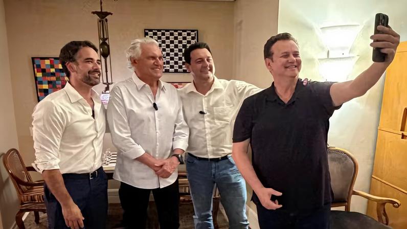 Kassab postou foto com Eduardo Leite, Ronaldo Caiado e Ratinho Jr, o trio de presidenciáveis do PSD — Foto: Reprodução/X