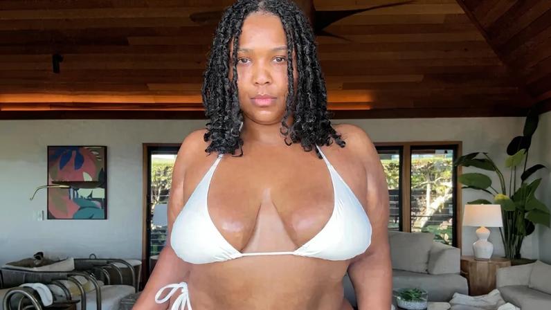 Lizzo flaunted her slimmed-down figure in tiny white bikini on Friday.
