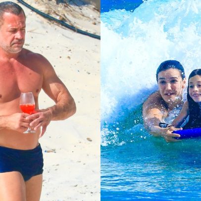 Malvino Salvador e família aproveitam praia no Rio com surfe