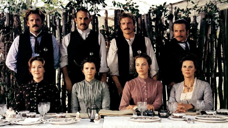 Cast of "Wyatt Earp" including Michael Madsen, Kevin Costner, Linden Ashby, David Andrews, Catherine O'Hara, Mare Winningham, Alison Elliott, and JoBeth Williams.