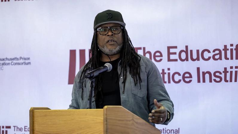Author and resilience expert Shaka Senghor addresses the audience of the Massachusetts Prison Education Consortium Summit, held in December at MIT.
