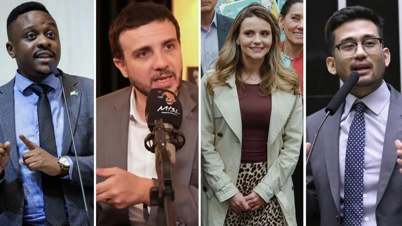 Guto Zacarias, Renan Santos, Amanda Vettorazzo e Kim Kataguiri – alguns dos nomes fortes do MBL que disputarão cargos eletivos em 2026 pelo partido Missão (Foto: Alesp/Youtube MBL Oficial/Câmara Municipal de São Paulo/Câmara dos Deputados)