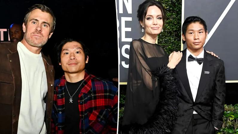Angelina Jolie in a long black gown and Pax Thien Jolie-Pitt in a tuxedo at the 75th Annual Golden Globe Awards.