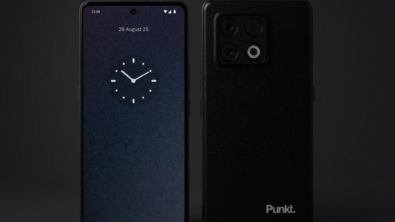 Rendering of Punkt MC03 smartphone showing front and back