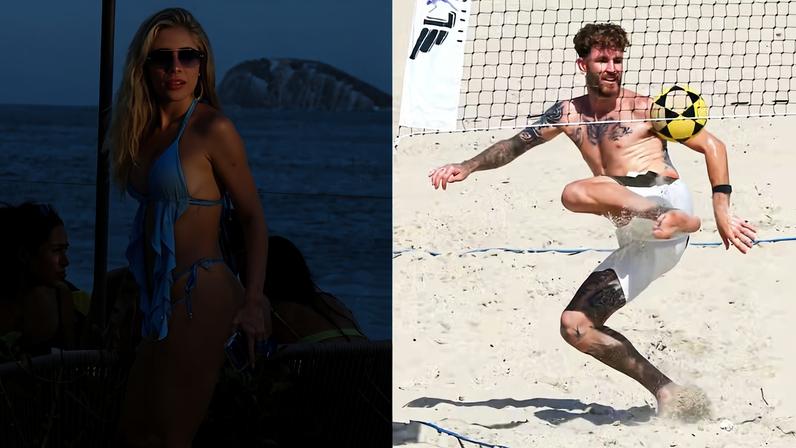 Léo Pereira e Karoline Lima curtem praia no Rio — Foto: Fabrício Pioyani/ Agnews